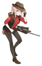  1girl :d absurdres artist_name blonde_hair brown_footwear brown_gloves brown_hat brown_pants brown_vest collared_shirt commentary commission cosplay cowboy_hat fingerless_gloves foot_up gloves grin gun half_up_braid hat highres hito_(maruhito_) holding holding_gun holding_weapon looking_at_viewer love_live! love_live!_nijigasaki_high_school_idol_club medium_hair miyashita_ai open_clothes open_vest orange_eyes pants red_shirt red_sniper_(tf2) rifle shirt shoes short_ponytail sidelocks signature simple_background single_fingerless_glove single_glove sleeves_past_elbows smile sniper_(tf2) sniper_(tf2)_(cosplay) sniper_rifle solo split_mouth standing tachi-e team_fortress_2 vest weapon white_background 