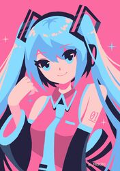  1girl aqua_eyes aqua_hair aqua_necktie artist_name bare_shoulders detached_sleeves hair_between_eyes hatsune_miku highres light_smile looking_at_viewer misoni_(mi-soni) necktie no_lineart pink_background pink_shirt shirt shoulder_tattoo smile solo sparkle tattoo twintails upper_body vocaloid 