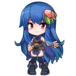  1girl alternate_costume armor black_thighhighs blue_footwear blue_hair chibi closed_mouth food-themed_hair_ornament full_body hair_ornament hinanawi_tenshi leaf long_hair looking_at_viewer peach_hair_ornament red_eyes simple_background skartinova smile solo thigh-highs touhou very_long_hair white_background 