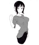  1girl bad_id bad_pixiv_id belt black_hair black_pants closed_mouth collarbone cross cross_earrings dende_(dndn222) earrings facing_viewer greyscale highres jewelry looking_to_the_side medium_bangs monochrome original pants scan scan_artifacts shirt_tucked_in solo standing traditional_media 