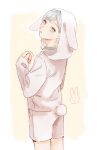  1boy animal_hood grey_eyes grey_hair hood hoodie kabe_piko long_sleeves looking_back male_focus otsuki_lin rabbit_hood rabbit_tail shorts simple_background tail uniteup! white_hoodie white_shorts yellow_background 