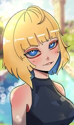  armor bare_shoulders basedbinkie blonde_hair colored_eyelashes eyeshadow grin highres looking_at_viewer makeup non-web_source original red_eyeshadow short_hair smile 