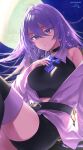  1girl belt black_choker black_shorts boots breasts choker full_moon hand_on_own_chest highres hololive hololive_indonesia jacket large_breasts long_hair moon moona_hoshinova moona_hoshinova_(1st_costume) purple_hair shorts starry_hair sushida0k thigh_boots violet_eyes white_jacket 