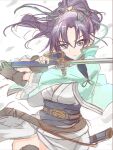  1girl brown_gloves clear_glass_(mildmild1311) dress fingerless_gloves fir_(fire_emblem) fire_emblem fire_emblem:_the_binding_blade fire_emblem_heroes gloves green_jacket green_ribbon hair_ribbon highres holding holding_sword holding_weapon jacket long_hair long_sleeves looking_at_viewer official_alternate_costume open_clothes open_jacket parted_lips ponytail purple_hair ribbon sheath solo sword violet_eyes weapon white_dress 