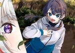  2girls black_shirt blue_eyes blue_hair blue_jacket commentary_request dark_blue_hair different_reflection dollchestra eye_reflection falling_leaves forest grey_hair hand_on_own_chest highres hood hooded_jacket jacket kirikirimai_(kkm) leaf link!_like!_love_live! long_hair looking_at_viewer love_live! low_twintails multicolored_clothes multicolored_hair multicolored_jacket multiple_girls murano_sayaka nature official_alternate_costume red_eyes redhead reflection shirt streaked_hair teeth twintails two-tone_jacket v-shaped_eyebrows virtual_youtuber white_jacket yugiri_tsuzuri 