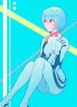  1girl :| aqua_background ayanami_rei blue_hair bodysuit breasts closed_mouth commentary expressionless feet_out_of_frame hair_between_eyes hand_on_own_arm hand_on_own_shoulder highres interface_headset knees_up looking_afar looking_ahead neon_genesis_evangelion nobile1031 pilot_suit pink_background plugsuit red_eyes short_hair sitting small_breasts solo white_background white_bodysuit yellow_background 