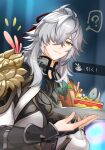  1boy ? armor artist_name blurry blurry_background bridal_gauntlets cake cake_slice chinese_clothes closed_mouth commentary_request crossed_bangs fish_(food) food grey_hair hair_intakes hair_over_one_eye hair_ribbon hand_up high_ponytail highres holding holding_tray honkai:_star_rail honkai_(series) jacket jing_yuan long_hair long_sleeves looking_at_viewer male_focus mole mole_under_eye notice_lines okkobc one_eye_covered parted_bangs pauldrons ponytail red_ribbon ribbon shoulder_armor sidelocks single_pauldron smile solo speech_bubble split_mouth spoken_question_mark tassel tray upper_body wafer_stick watermark white_jacket yellow_eyes 