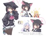  4girls ahoge animal_ears black_hair black_jacket black_pantyhose blonde_hair blue_archive blush cat_ears closed_eyes closed_mouth colored_inner_hair extra_ears grey_hair hair_ornament halo highres holding holding_microphone hood hood_down hood_up hooded_jacket jacket kazusa_(band)_(blue_archive) kazusa_(blue_archive) long_hair long_sleeves microphone multicolored_hair multiple_girls music official_alternate_costume open_clothes open_jacket open_mouth pantyhose pink_hair pink_halo pleated_skirt purple_hair purple_halo red_eyes red_jacket reisa_(blue_archive) sailor_collar sakurako_(blue_archive) satou_kibi shirt shoes short_hair short_sleeves simple_background singing skirt smile star_(symbol) star_hair_ornament translation_request twintails white_background white_sailor_collar white_shirt white_skirt yellow_halo yoshimi_(band)_(blue_archive) yoshimi_(blue_archive) 