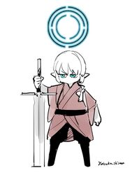  1boy blue_eyes blue_halo brown_robe final_fantasy final_fantasy_xiv halo long_sword male_focus medium_hair planted planted_sword pointy_ears robe simple_background solo sword weapon white_background yabuka_shiwa 