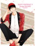  1boy black_pants brown_background character_name chirol22 closed_eyes coat confetti dated floral_print happy_birthday kagami_taiga kuroko_no_basuke open_mouth pants red_coat red_footwear redhead shirt shoes sitting smile solo two-tone_background white_background white_shirt 