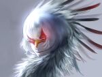  1other bird closed_mouth colored_eyelashes commentary_request feather_hair feathers grey_background highres human_head looking_at_viewer metamon1996 original portrait red_eyes red_lips secretarybird short_hair smile solo white_feathers white_hair 