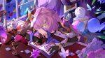  absurdres black_gloves book bug butterfly closed_eyes crystal_flower cup decorations drinking_glass elbow_gloves elf elysia_(honkai_impact) elysia_(miss_pink_elf)_(honkai_impact) evzeva flower gloves hair_between_eyes hair_ornament highres honkai_(series) honkai_impact_3rd jewelry long_hair necklace open_book pink_hair pointy_ears red_flower red_rose rose sleeping_on_desk triquetra white_flower window wine_glass 