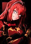  1girl absurdres alear_(female)_(fire_emblem) alear_(fire_emblem) bow bowtie crossed_bangs dark_persona evil_smile eyelashes fire_emblem fire_emblem_engage gloves hair_between_eyes highres long_hair long_sleeves looking_at_viewer red_bow red_bowtie red_eyes redhead smile solo teeth tiara to_(tototo_tk) upper_body 