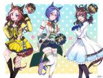  3girls ahoge animal_ears artist_name belt black_hair blue_eyes blush boots braid breasts c2f9aa cesario_(umamusume) commentary_request crown_braid daring_heart_(umamusume) daring_tact_(umamusume) gloves hair_ornament horse_ears horse_girl horse_tail long_hair looking_at_viewer medium_breasts medium_hair mole mole_on_breast multiple_girls open_mouth pantyhose shorts star_(symbol) star_hair_ornament tail thigh-highs umamusume violet_eyes 