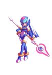  1girl android armor blue_armor blue_eyes blue_footwear blue_helmet bodysuit boots forehead_jewel full_body helmet hi-go! high_heel_boots high_heels highres holding holding_polearm holding_weapon looking_at_viewer mega_man_(series) mega_man_zero_(series) polearm simple_background solo spear thigh_boots weapon white_background white_bodysuit 