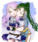  2girls armor belt blue_gloves blush breastplate closed_eyes closed_mouth dress fingerless_gloves fire_emblem fire_emblem:_the_blazing_blade florina_(fire_emblem) gloves green_eyes green_gloves green_hair hand_on_another&#039;s_face highres holding_hands hug hug_from_behind long_hair looking_at_another lyn_(fire_emblem) multiple_girls open_mouth ponytail purple_hair sakuramotikun white_dress yuri 