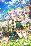 2girls :d age_of_ishtaria blue_sky breasts brown_footwear bug butterfly clouds copyright_name copyright_notice day dress falling_petals flower gloves grass green_dress green_ribbon hair_flower hair_flower_band hair_ornament hair_ribbon highres ianos_(age_of_ishtaria) kneeling leaf looking_at_viewer medium_breasts multiple_girls munlu_(wolupus) official_art on_grass outdoors outstretched_arm petals purple_hair ribbon sitting sky sleeveless sleeveless_dress smile teeth thigh-highs upper_teeth_only violet_eyes white_gloves white_thighhighs windmill