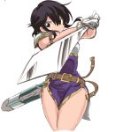  1girl absurdres armor belt black_hair fire_emblem fire_emblem:_genealogy_of_the_holy_war foreshortening gloves hahe highres holding holding_sword holding_weapon larcei_(fire_emblem) looking_at_viewer purple_tunic sheath shoulder_armor sidelocks simple_background solo sword tomboy tunic weapon 