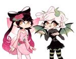  2girls bad_id bad_tumblr_id belt belt_buckle black_dress black_pantyhose bow-shaped_hair buckle callie_(splatoon) cephalopod_eyes charamells closed_mouth commentary cousins cowboy_shot demon_costume demon_horns demon_wings dress dress_flower drill_hair earrings english_commentary eyelashes fairy fairy_wings fangs floral_print flower flower_earrings ghost_pose gradient_hair green_horns green_pantyhose green_wings grey_belt grey_shirt grey_sleeves hair_flower hair_ornament halloween_costume happy horns jewelry leaf long_sleeves looking_at_viewer marie_(splatoon) multicolored_hair multiple_girls open_mouth pantyhose pink_dress pink_flower pink_pantyhose pink_rose pink_sleeves pink_wings pointy_ears rose rose_print shirt short_dress short_hair simple_background smile splatoon_(series) strapless strapless_dress striped_clothes striped_pantyhose teeth tentacle_hair turtleneck turtleneck_shirt twin_drills twintails two-tone_pantyhose white_background white_hair wings yellow_eyes 