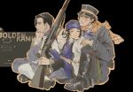  1girl 2boys ainu_clothes asirpa black_hair blush boots closed_eyes coat facial_hair golden_kamuy gun highres liyuliyuzhou looking_at_another military_uniform multiple_boys ogata_hyakunosuke rifle scar scar_on_face scarf sitting smile stubble sugimoto_saichi uniform weapon 