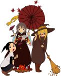  3girls autumn_leaves black_hair black_shirt black_skirt blonde_hair blush_stickers boots braid branch broom brown_footwear brown_hair brown_hat brown_kimono brown_robe campfire commentary_request food forehead grey_shirt hat holding holding_broom holding_stick holding_umbrella japanese_clothes kimono knees_up layered_sleeves leaf long_sleeves low_twintails maple_leaf multiple_girls obi oil-paper_umbrella open_mouth original ponytail red_footwear red_umbrella roasted_sweet_potato robe sash shirt short_over_long_sleeves short_sleeves simple_background skirt socks squatting stick striped_clothes striped_socks sweet_potato twin_braids twintails umbrella white_background wide_sleeves witch_hat yukimoto_shuuji_(gurigura) 