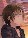  1girl black_coat black_coat_(kingdom_hearts) blue_eyes blush brown_hair closed_mouth clouds cloudy_sky coat commentary_request eyelashes hair_between_eyes highres kingdom_hearts kingdom_hearts_358/2_days looking_at_viewer pout short_hair sky solo upper_body xion_(kingdom_hearts) xionnoewokakuyo 