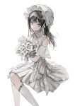  1girl absurdres alternate_costume black_hair blush bonnet bouquet bow bride c-ms_(girls&#039;_frontline) chin_strap collarbone commission detached_sleeves dot_nose dress elbow_gloves eyebrows_hidden_by_hair flower frilled_bonnet frilled_dress frills girls_frontline gloves grey_eyes highres holding holding_bouquet kumagai_yuka long_hair looking_at_viewer ribbon sample_watermark see-through see-through_sleeves smile solo thigh-highs watermark wedding_dress white_background white_bow white_dress white_flower white_gloves white_headwear white_ribbon white_theme white_thighhighs 