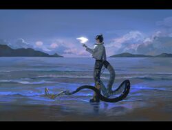  1boy absurdres arknights beach bird bird_on_hand blue_background blue_sky chinese_commentary chong_yue_(alighting)_(arknights) chong_yue_(arknights) commentary_request dragon_boy dragon_horns dragon_tail full_body hand_up highres horns jacket letterboxed long_hair long_sleeves low_ponytail male_focus mountainous_horizon multicolored_hair ocean outdoors ribbon shonoman shore sky solo streaked_hair tail tail_ornament tail_ribbon very_long_tail water 