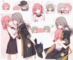  !? 2girls ? asta_(honkai:_star_rail) bare_shoulders black_hat black_jacket black_skirt blue_eyes chibi closed_mouth grey_hair hand_on_another&#039;s_face hat highres holding holding_clothes holding_hat honkai:_star_rail honkai_(series) hug jacket looking_at_another looking_at_viewer medium_hair multiple_girls multiple_views open_clothes open_jacket parted_lips pink_hair pout revision shirt simple_background skirt sleeves_rolled_up smile stelle_(honkai:_star_rail) trailblazer_(honkai:_star_rail) white_shirt yajuu yellow_eyes yuri 