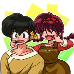  1boy 1girl abstract_background black_hair blue_eyes blush braid braided_ponytail breasts brother_and_sister brown_overalls closed_eyes confused disguise fangs finger_in_another&#039;s_mouth finger_in_own_mouth genderswap genderswap_(mtf) headband hibiki_yoiko long_sleeves medium_breasts medium_hair multicolored_squares_background open_mouth overalls ranma-chan ranma_1/2 red_headband red_shirt redhead saotome_ranma shirt short_hair siblings signature smile striped_headband wanta_(futoshi) yellow_eyes yellow_headband yellow_shirt 
