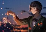  1boy black_bow black_bowtie black_hair blurry blurry_background bow bowtie bungou_stray_dogs closed_mouth clouds collared_shirt commentary_request dusk fireworks green_jacket highres holding holding_fireworks jacket long_sleeves male_focus mushitarou_oguri_(bungou_stray_dogs) norimizu outdoors shirt short_hair sky solo sparkler swept_bangs upper_body white_shirt yellow_eyes 