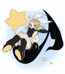  1girl black_shorts blonde_hair blue_eyes bow bright_pupils commentary_request detached_sleeves floating_clothes floating_hair hair_bow hair_ornament hairclip hands_on_own_cheeks hands_on_own_face headphones highres kagamine_rin leg_warmers looking_to_the_side medium_hair musical_note sailor_collar sen_(aypj8447) shirt shorts sitting sleeveless sleeveless_shirt smile solo star_(symbol) vocaloid white_bow white_pupils white_shirt white_trim 