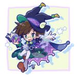  1boy black_coat book brown_footwear brown_hair coat dated drop_shadow full_body glasses green_eyes hana_(mew) hat hat_tassel holding holding_book klug_(puyopuyo) male_focus open_mouth pants pocket_watch puyopuyo puyopuyo_fever solo watch white_pants wing_hat_ornament witch_hat 