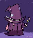  1girl black_robe bocchi_the_rock! bocchidaily commentary cube_hair_ornament dated english_commentary full_body gotoh_hitori hair_ornament hat holding holding_stick long_hair long_sleeves oversized_hat pink_hair purple_background robe simple_background solo standing stick witch witch_hat 