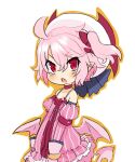  1girl ahoge anini collar cowboy_shot demon_girl demon_tail detached_sleeves disgaea dress hair_between_eyes hat highres looking_at_viewer magical_girl majolaine_(disgaea) makai_senki_disgaea_6 pink_dress pink_hair pink_wings pointy_ears red_eyes side_ponytail striped_clothes striped_dress tail white_background wings 