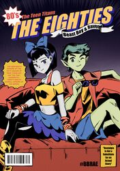  1boy 1girl absurdres barcode beast_boy_(dc) black_hair blue_bow blue_eyes blue_shorts blue_skirt bow bracelet character_name closed_mouth colored_skin comic_cover copyright_name cornfarm couch cover dc_comics fake_cover fang forehead_jewel green_eyes green_hair green_skin hair_bow hashtag highres jewelry looking_at_viewer off_shoulder one_eye_closed open_clothes open_shirt orange_shirt pantyhose pointy_ears raven_(dc) red_shirt retro_artstyle shirt short_hair shorts sitting skirt smile teen_titans 