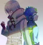  1boy 1other androgynous blue_eyes blue_hair facepaint facial_mark feathers forehead_mark from_side gnosia green_eyes green_hair headphones long_hair long_sleeves other_focus raqio remnan_(gnosia) rikinako380 upper_body violet_eyes white_hair 
