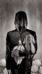  1boy 1other black_shirt cross cross_necklace fate/zero fate_(series) flower greyscale holding_baby j_(onjj) jewelry kotomine_kirei long_sleeves male_focus monochrome necklace priest shirt solo standing veil 