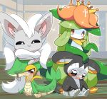  :&gt; black_sclera blush cinccino closed_mouth colored_sclera commentary_request crown dirty emolga flower full_body highres leaf lets0020 lilligant looking_at_another mouse_(animal) mud no_humans nose_blush open_mouth orange_flower pokemon pokemon_(creature) smile smug snivy sparkle tearing_up 