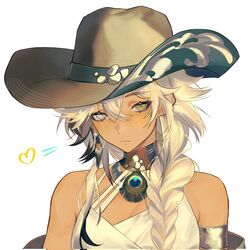  1girl argus_(reverse:1999) bare_shoulders blonde_hair brown_hat camisole corrupted_twitter_file cowboy_hat eihei32425932 hair_over_shoulder hat heart heterochromia highres long_hair looking_at_viewer low-braided_long_hair low-tied_long_hair peacock_feathers portrait reverse:1999 solo white_background white_camisole white_eyes yellow_eyes 