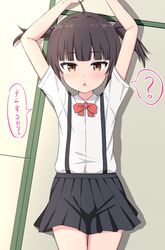  1girl ahoge arms_up black_hair black_skirt blush bow brown_eyes chestnut_mouth collared_shirt cowboy_shot dress_shirt highres looking_at_viewer lying on_back on_floor original parted_lips pleated_skirt red_bow shirt short_hair short_sleeves short_twintails skirt solo suspender_skirt suspenders takasuma_hiro tatami translated twintails two_side_up white_shirt 