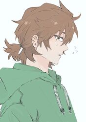  1boy brown_hair drawstring eyebrows_hidden_by_hair flying_sweatdrops from_side gigantea_pp green_eyes green_hoodie hood hood_down hoodie isoi_reiji male_focus ponytail saibou_shinkyoku short_ponytail simple_background solo sweat upper_body white_background 