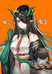  1girl absurdres arknights bead_bracelet beads bitey_(arknights) black_hair black_jacket bracelet colored_skin dragon_girl dragon_horns dress dusk_(arknights) earrings eating gradient_skin green_horns green_skin hair_over_one_eye highres horns jacket jewelry looking_to_the_side mitsumoto_amata multicolored_hair necktie pointy_ears red_eyes red_necktie sleeveless slit_pupils streaked_hair tassel tassel_earrings white_dress 
