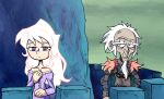  1boy 1girl beard castle dress facial_hair frown hand_on_own_chest highres king_haggard lady_amalthea long_hair looking_down old old_man pointy_nose purple_dress receding_hairline setz the_last_unicorn white_hair 