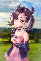  1girl :o absurdres aqua_eyes black_choker black_hair black_jacket blurry blurry_background choker dress earrings floating_hair hair_ribbon highres holding holding_poke_ball jacket jewelry long_sleeves marnie_(pokemon) medium_hair o-ring o-ring_choker off_shoulder open_clothes open_jacket open_mouth pink_dress poke_ball poke_ball_(basic) pokemon pokemon_swsh red_ribbon ribbon rtb_(jbsb8423) single_bare_shoulder solo twintails 