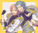  2boys behind_another bishounen black_shirt border clenched_hand cropped_jacket ensemble_stars! fur-trimmed_hood fur_trim gloves grid_background hand_on_another&#039;s_shoulder hand_on_own_arm hand_up highres himeru_(ensemble_stars!) hood hood_down idol_clothes jacket jewelry lapel_pin looking_at_viewer male_focus multiple_boys necklace open_hand otabe_(g0hanpanmen) oukawa_kohaku outside_border partially_fingerless_gloves partially_unzipped shirt short-sleeved_jacket short_sleeves sleeveless sleeveless_shirt turtleneck two-sided_fabric upper_body yellow_border zipper 