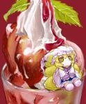  1girl blonde_hair blue_tabard blush_stickers closed_mouth commentary dress food fox_tail frilled_dress frills fruit fumo_(doll) hat ice_cream jitome leaf long_sleeves mini_person minigirl mob_cap multiple_tails ofuda ofuda_on_clothes on_food red_background sitting socks solo strawberry symbol-only_commentary tabard tail touhou whipped_cream white_dress white_hat white_socks yakumo_ran yakumora_n yellow_eyes 