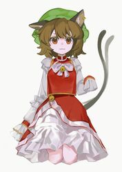  1girl :3 absurdres animal_ear_piercing animal_ears bell brown_hair cat_ears cat_girl cat_tail chen chinese_commentary closed_mouth commentary_request cropped_legs flat_chest frilled_sleeves frills green_hat hat highres long_sleeves medium_hair mob_cap multiple_tails neck_ribbon red_eyes red_skirt red_vest ribbon shirt simple_background skirt sleeves_past_fingers sleeves_past_wrists solo tail touhou vest white_background white_ribbon white_shirt zhong_dogzhic 