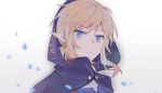  1boy black_cloak blonde_hair blue_eyes blue_petals blue_shirt cloak falling_petals highres hood hood_up idass_(idass16) link male_focus parted_lips petals pointy_ears shirt short_hair sidelocks solo the_legend_of_zelda white_background 