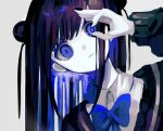  1girl black_hair blue_bow blue_bowtie blue_eyes blue_hair bow bowtie closed_mouth collared_shirt colored_inner_hair double_bun hair_bun hand_glasses hand_up head_tilt highres long_hair long_sleeves looking_at_viewer momosu_momo multicolored_hair original portrait ribbon shirt simple_background solo sweater white_background white_shirt 